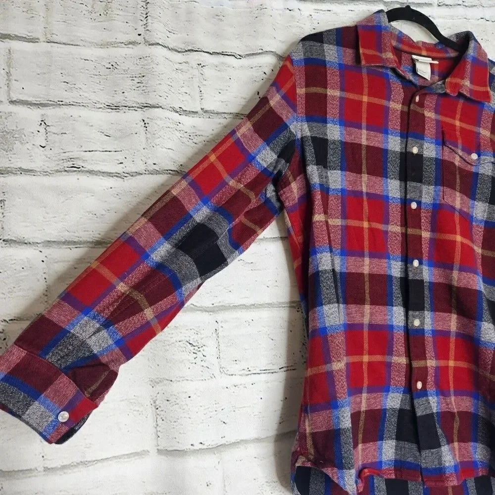 THE NORTH FACE Mens Button Down Plaid Blue Red Flannel Shirt Large Long Sleeve
